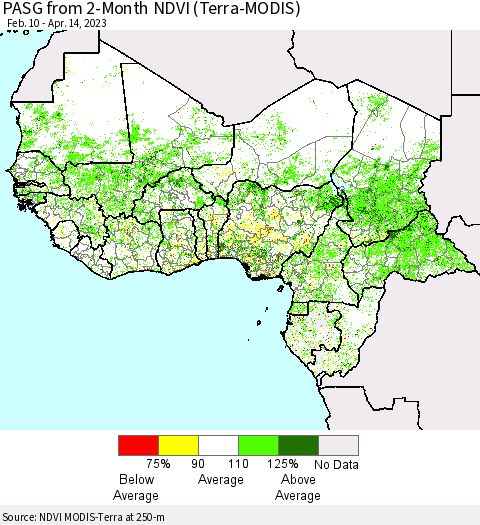 Western Africa PASG from 2-Month NDVI (Terra-MODIS) Thematic Map For 4/7/2023 - 4/14/2023