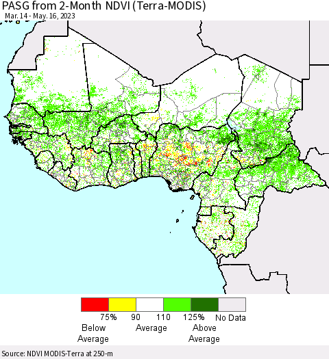 Western Africa PASG from 2-Month NDVI (Terra-MODIS) Thematic Map For 5/9/2023 - 5/16/2023