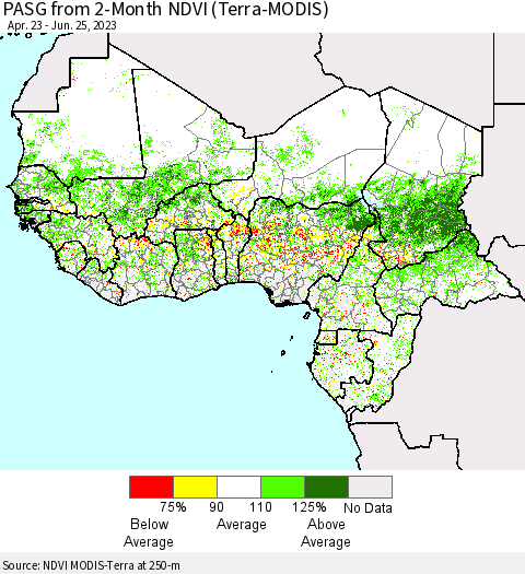 Western Africa PASG from 2-Month NDVI (Terra-MODIS) Thematic Map For 6/18/2023 - 6/25/2023