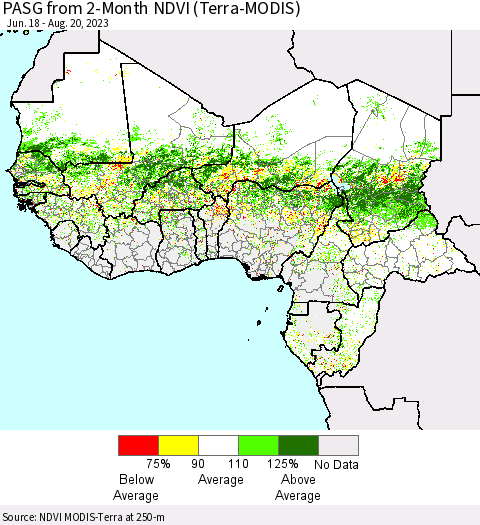 Western Africa PASG from 2-Month NDVI (Terra-MODIS) Thematic Map For 8/13/2023 - 8/20/2023