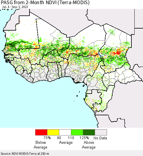 Western Africa PASG from 2-Month NDVI (Terra-MODIS) Thematic Map For 8/29/2023 - 9/5/2023