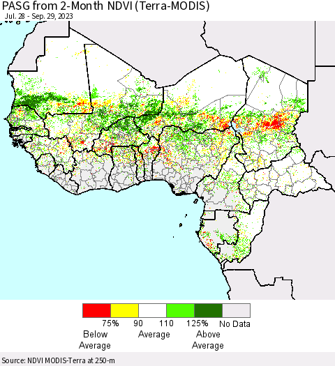 Western Africa PASG from 2-Month NDVI (Terra-MODIS) Thematic Map For 9/22/2023 - 9/29/2023