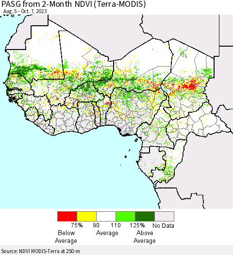 Western Africa PASG from 2-Month NDVI (Terra-MODIS) Thematic Map For 9/30/2023 - 10/7/2023