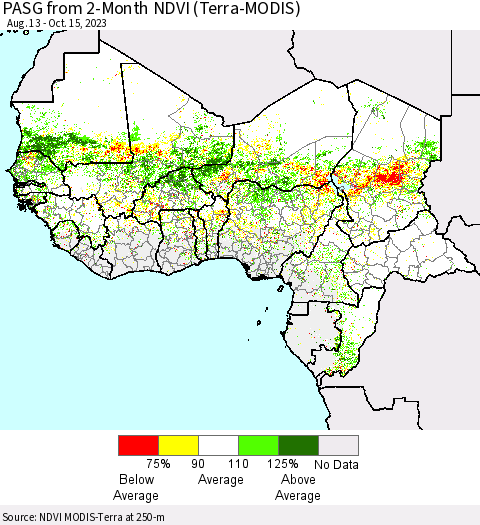 Western Africa PASG from 2-Month NDVI (Terra-MODIS) Thematic Map For 10/8/2023 - 10/15/2023