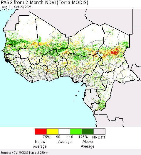 Western Africa PASG from 2-Month NDVI (Terra-MODIS) Thematic Map For 10/16/2023 - 10/23/2023