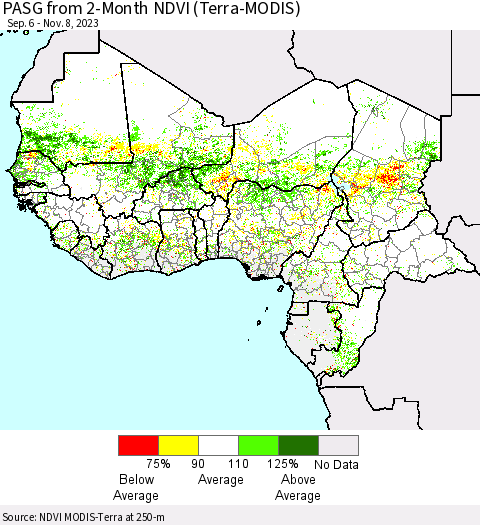 Western Africa PASG from 2-Month NDVI (Terra-MODIS) Thematic Map For 11/1/2023 - 11/8/2023