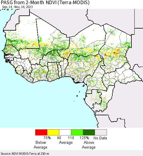 Western Africa PASG from 2-Month NDVI (Terra-MODIS) Thematic Map For 11/9/2023 - 11/16/2023
