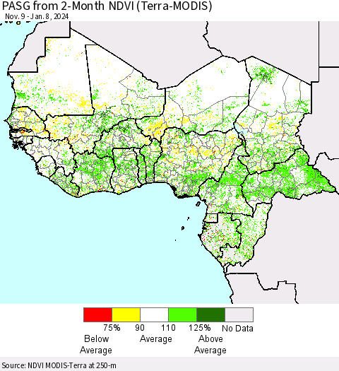 Western Africa PASG from 2-Month NDVI (Terra-MODIS) Thematic Map For 1/1/2024 - 1/8/2024