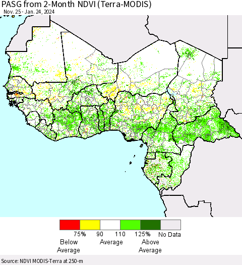 Western Africa PASG from 2-Month NDVI (Terra-MODIS) Thematic Map For 1/17/2024 - 1/24/2024