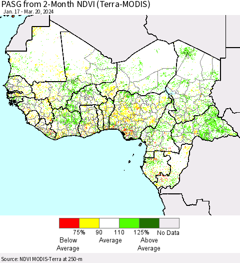 Western Africa PASG from 2-Month NDVI (Terra-MODIS) Thematic Map For 3/13/2024 - 3/20/2024