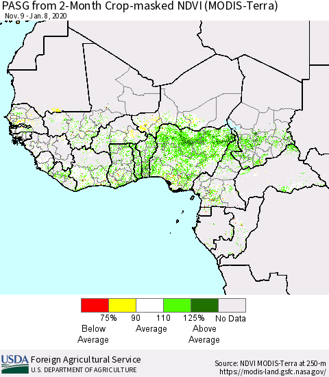 Western Africa PASG from 2-Month Cropland NDVI (Terra-MODIS) Thematic Map For 1/1/2020 - 1/10/2020