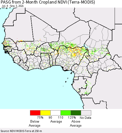 Western Africa PASG from 2-Month Cropland NDVI (Terra-MODIS) Thematic Map For 8/29/2021 - 9/5/2021