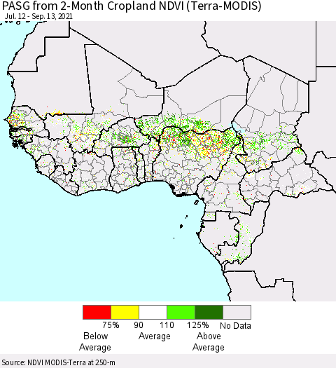 Western Africa PASG from 2-Month Cropland NDVI (Terra-MODIS) Thematic Map For 9/6/2021 - 9/13/2021