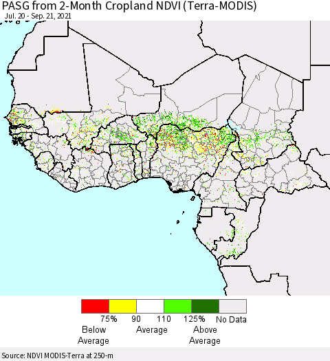 Western Africa PASG from 2-Month Cropland NDVI (Terra-MODIS) Thematic Map For 9/14/2021 - 9/21/2021