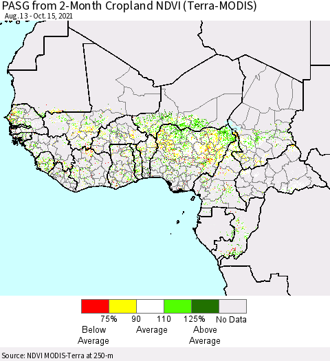 Western Africa PASG from 2-Month Cropland NDVI (Terra-MODIS) Thematic Map For 10/8/2021 - 10/15/2021