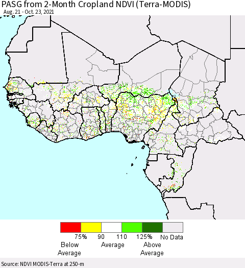 Western Africa PASG from 2-Month Cropland NDVI (Terra-MODIS) Thematic Map For 10/16/2021 - 10/23/2021