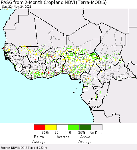 Western Africa PASG from 2-Month Cropland NDVI (Terra-MODIS) Thematic Map For 11/17/2021 - 11/24/2021