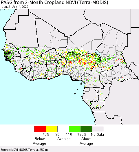 Western Africa PASG from 2-Month Cropland NDVI (Terra-MODIS) Thematic Map For 7/28/2022 - 8/4/2022
