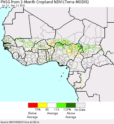 Western Africa PASG from 2-Month Cropland NDVI (Terra-MODIS) Thematic Map For 9/6/2022 - 9/13/2022