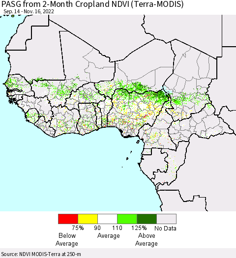 Western Africa PASG from 2-Month Cropland NDVI (Terra-MODIS) Thematic Map For 11/9/2022 - 11/16/2022
