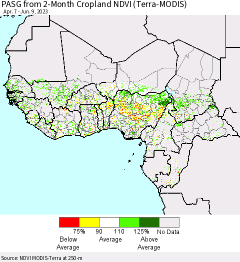 Western Africa PASG from 2-Month Cropland NDVI (Terra-MODIS) Thematic Map For 6/2/2023 - 6/9/2023