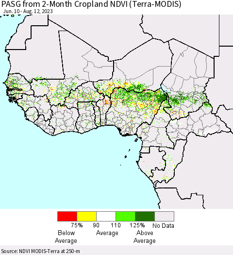 Western Africa PASG from 2-Month Cropland NDVI (Terra-MODIS) Thematic Map For 8/5/2023 - 8/12/2023