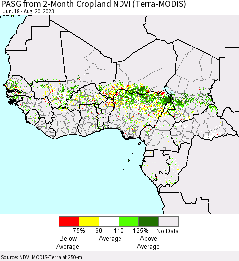 Western Africa PASG from 2-Month Cropland NDVI (Terra-MODIS) Thematic Map For 8/13/2023 - 8/20/2023