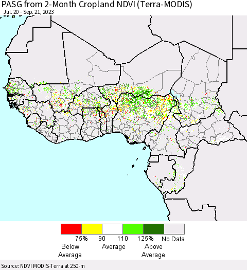 Western Africa PASG from 2-Month Cropland NDVI (Terra-MODIS) Thematic Map For 9/14/2023 - 9/21/2023