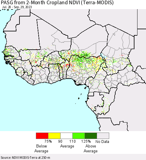Western Africa PASG from 2-Month Cropland NDVI (Terra-MODIS) Thematic Map For 9/22/2023 - 9/29/2023
