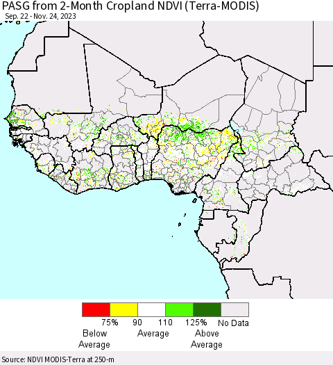 Western Africa PASG from 2-Month Cropland NDVI (Terra-MODIS) Thematic Map For 11/17/2023 - 11/24/2023