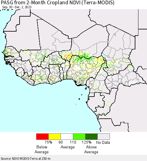 Western Africa PASG from 2-Month Cropland NDVI (Terra-MODIS) Thematic Map For 11/25/2023 - 12/2/2023