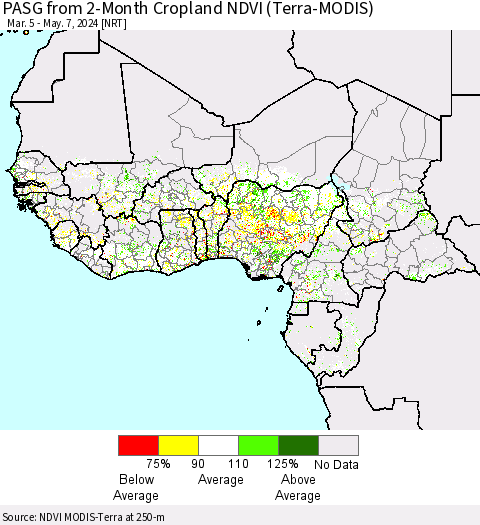 Western Africa PASG from 2-Month Cropland NDVI (Terra-MODIS) Thematic Map For 4/30/2024 - 5/7/2024