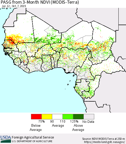Western Africa PASG from 3-Month NDVI (Terra-MODIS) Thematic Map For 10/1/2019 - 10/10/2019