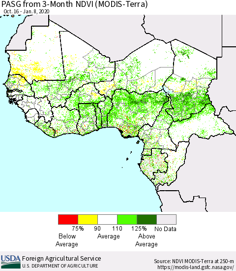 Western Africa PASG from 3-Month NDVI (Terra-MODIS) Thematic Map For 1/1/2020 - 1/10/2020