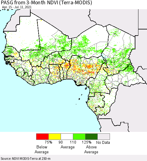 Western Africa PASG from 3-Month NDVI (Terra-MODIS) Thematic Map For 7/4/2021 - 7/11/2021