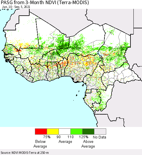 Western Africa PASG from 3-Month NDVI (Terra-MODIS) Thematic Map For 8/29/2021 - 9/5/2021