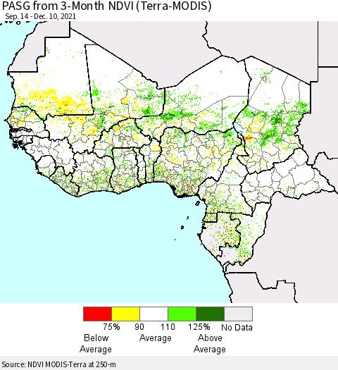 Western Africa PASG from 3-Month NDVI (Terra-MODIS) Thematic Map For 12/3/2021 - 12/10/2021