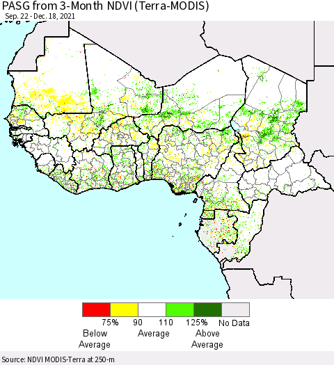 Western Africa PASG from 3-Month NDVI (Terra-MODIS) Thematic Map For 12/11/2021 - 12/18/2021