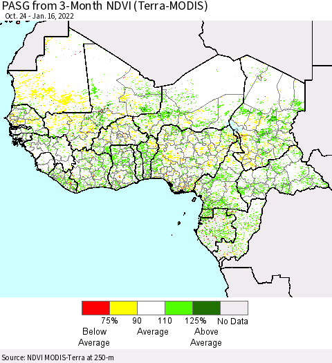 Western Africa PASG from 3-Month NDVI (Terra-MODIS) Thematic Map For 1/9/2022 - 1/16/2022
