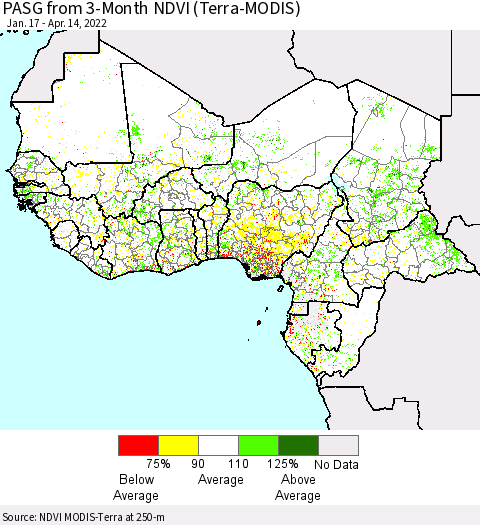 Western Africa PASG from 3-Month NDVI (Terra-MODIS) Thematic Map For 4/7/2022 - 4/14/2022