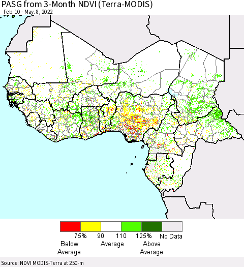 Western Africa PASG from 3-Month NDVI (Terra-MODIS) Thematic Map For 5/1/2022 - 5/8/2022