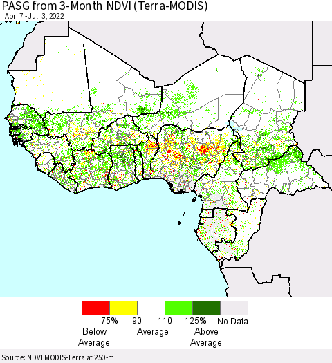 Western Africa PASG from 3-Month NDVI (Terra-MODIS) Thematic Map For 6/26/2022 - 7/3/2022