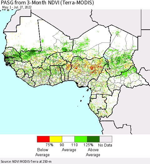 Western Africa PASG from 3-Month NDVI (Terra-MODIS) Thematic Map For 7/20/2022 - 7/27/2022