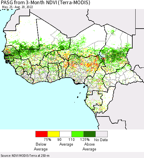 Western Africa PASG from 3-Month NDVI (Terra-MODIS) Thematic Map For 8/13/2022 - 8/20/2022