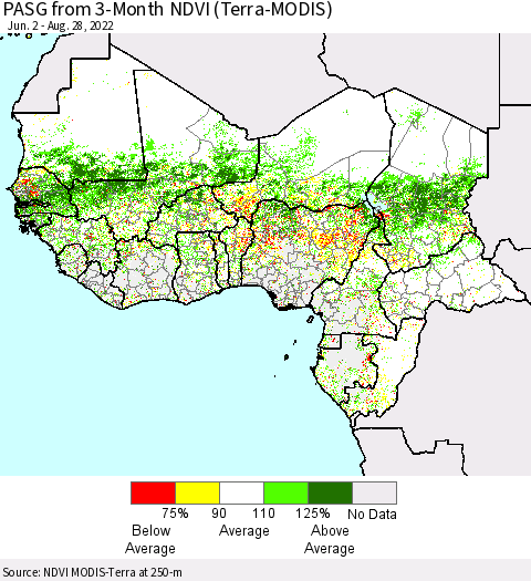 Western Africa PASG from 3-Month NDVI (Terra-MODIS) Thematic Map For 8/21/2022 - 8/28/2022