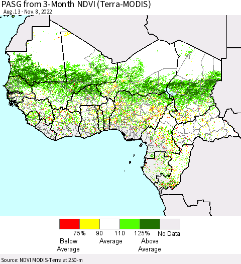Western Africa PASG from 3-Month NDVI (Terra-MODIS) Thematic Map For 11/1/2022 - 11/8/2022