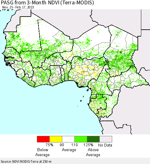 Western Africa PASG from 3-Month NDVI (Terra-MODIS) Thematic Map For 2/10/2023 - 2/17/2023