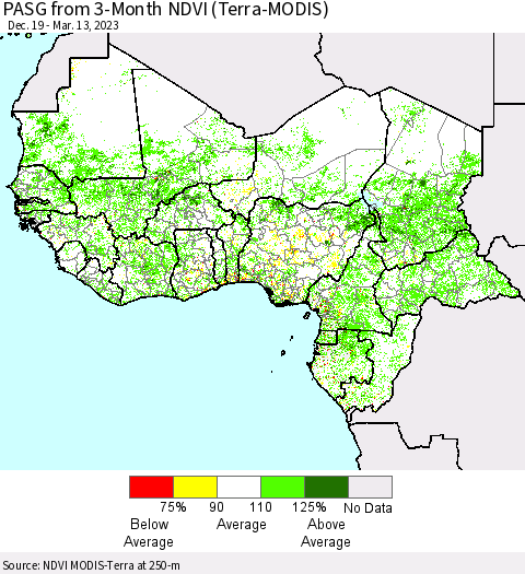 Western Africa PASG from 3-Month NDVI (Terra-MODIS) Thematic Map For 3/6/2023 - 3/13/2023