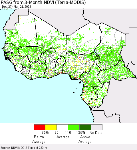 Western Africa PASG from 3-Month NDVI (Terra-MODIS) Thematic Map For 3/14/2023 - 3/21/2023