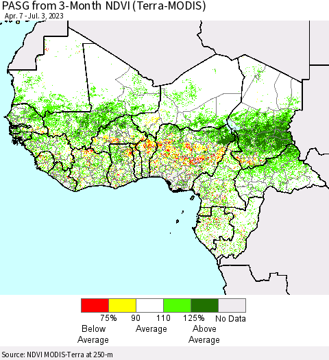 Western Africa PASG from 3-Month NDVI (Terra-MODIS) Thematic Map For 6/26/2023 - 7/3/2023
